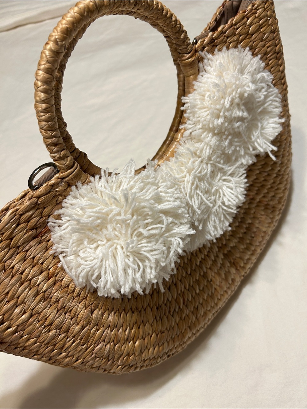 Woven Straw Tote with White Pom-Pom Trim